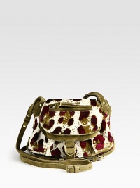 An exotic leopard print covers this slouchy flap-top style, pairing lustrous pony hair with extra-soft suede. Adjustable suede shoulder strap, 19-24 dropTop handle, 6 dropMagnetic flap closureOne outside zip pocketOne inside open pocketThree credit card slotsCotton lining5W X 7H X 2DImported