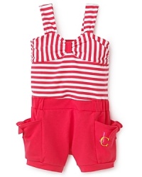 This swimsuit-inspired romper features a faux bandeau top with bold stripes and solid bottoms with side pockets.