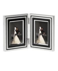 Add new elegance to beautiful memories with Vera Wang's With Love Noir folding picture frame. Geometric detail lends metallic shimmer to chic black enamel in a home accent that invokes modern and deco design.