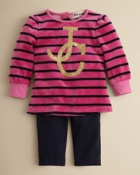 Designed for the glitterati girl, this striped set features a sparkling JC on the chest.