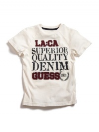 GUESS Kids Boys Crewneck Tee with Mixed Screen and Appli, OFF WHITE (3T)