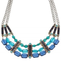 Make a colorful statement with this frontal necklace from Haskell. Crafted from gold-tone and hematite-tone mixed metal, the chains are accented with beads in black and shades of blue. Approximate length: 17 inches + 3-inch extender. Approximate drop: 1-3/4 inches.