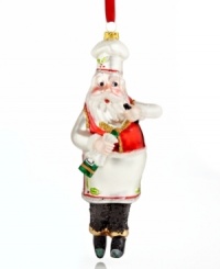 Santa Claus uncorks a bottle of wine with professional flair, wearing a festive holiday uniform in a glass ornament that will serve you well, season after season.