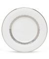 Inspired by the trim on an elegant couture gown, this graceful dinnerware and dishes collection from Lenox features an intricate platinum border that combines harmoniously with white bone china for unparalleled style.