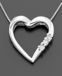 Three round-cut diamonds (1/10 ct. t.w.) add sparkle to this diamond necklace with a modern heart shape. Set in 14k white gold. Chain measures 16 inches; pendant measures 3/4 inches.