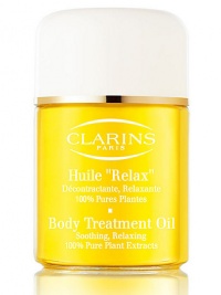 Relax Body Treatment Oil. This aromatic body treatment is ideal for enhancing relaxation and promoting total well-being. Its concentrated formula contains 100% natural extracts and oils to help combat stress and fatigue and relieve tension. Moisturizes skin, leaving it soft and smooth. Imported from France. 3.4 oz. 