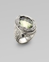 From the Astritis Collection. An intricately carved ring of sterling silver, with a softly hued, faceted prasiolite stone as its centerpiece.Prasiolite Sterling silver Length, about 1 Made in Greece