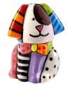 Sit. Stay. Shake. More than salt and pepper shakers, this dog-shaped pair perks up your table with the vivid colors and bold patterns of Brazilian pop artist Romero Britto. Head and body serve as two separate shakers.