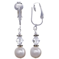 Romantic Authentic Swarovski Austrian Glass Crystals with Large Freshwater White Authentic Cultured Pearls Clip-on Earrings for Women and Girls