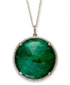 Totally glam in green. This head-turning pendant features round rose-cut dyed-green corundum sapphire (22-1/2 ct. t.w.) and sparkling diamonds (1/3 ct. t.w). Set in 14k gold. Approximate length: 18 inches. Approximate drop: 1 inch. Stones from Brazil.