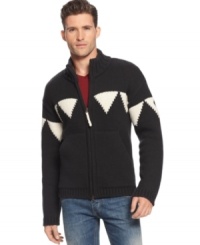 With a nod to the unfussy masculinity of the Fifties, Armani Jeans styles a zip-up sweater jacket in a hefty, geometric-patterned knit.