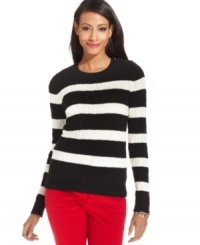 Cable knit and stripes combine to create a classic American crewneck sweater sized just right for petites, from Charter Club.