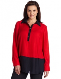 AK Anne Klein Women's Plus Size Color Block Tunic Blouse, Red Poppy, 1X