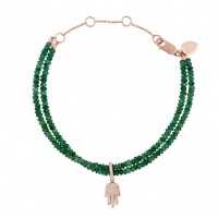 Meira T Solid 14K Rose Gold Diamond Hamsa Double Strand Emerald Beads Chain Bracelet