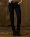 Tailored with a low-rise in dark blue stretch denim, Denim & Supply Ralph Lauren's essential skinny jean exudes sexy, sidewalk-ruling style.