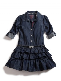 GUESS Kids Girls Shirtwaist Dress with Adjustable Sleeves, DARK STONEWASH (10/12)