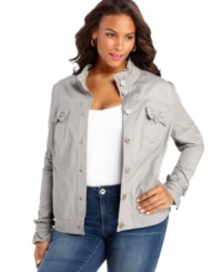 Feminine frills lend elegant charm to INC's button front plus size jacket-- it's a perfect layering piece for spring!