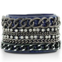 CHAIN W/CRYSTAL BLUE LEATHER Royal Blue Patent Leather Rhinestone Encrusted Chain Cuff Bracelet