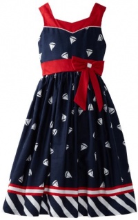 Jayne Copeland Girls 7-16 Sailboat Print Dress With Stripes, Navy, 7