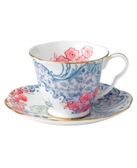 Your table, in bloom. This Blue Peony cup and saucer from Wedgewood offers a look of vintage-inspired beauty, featuring fanciful florals, graceful butterflies and lustrous golden accents for a splendid presentation.