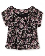 In a charming floral print, this knotted Aqua girls' top gets grown up in a sophisticated black, pink and ivory palette.