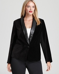 Executive style gets a dramatic dose of edge as a faux-leather collar roughens up the refined DKNYC Plus blazer. Team with a sequin tank and spark some serious fashion envy.