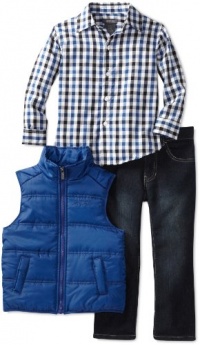 Kenneth Cole Boys 2-7 Puffy Vest with Plaid Shirt and Jean, Blue, 7