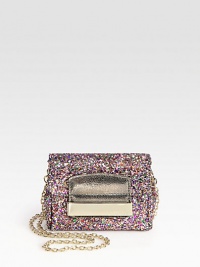 From the 24:7 Collection. Dazzling mini flap-front design of glitter-drenched leather.Detachable chain shoulder strap, 24 dropFlap over zip closureOne inside open pocketFully lined5W X 4H X 2DMade in Italy