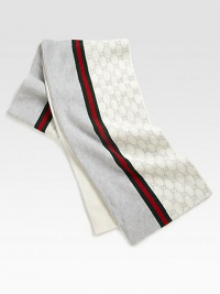 Knit GG pattern scarf with signature web detail. Green/red/green web 10 X 79 70% wool/30% cashmere Dry clean Made in Italy 