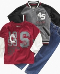 For your littlest gridiron fan, Nannette puts together a three-piece look that's all-pro: Long-sleeved tee with a Quarterback CPT and football graphic; zip-up varsity jacket; and classic five-pocket jeans.