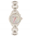 Bow-tie your outfit together with a little treasure from Betsey Johnson. Watch crafted of stainless steel heart-shaped link bracelet encrusted with crystal accents and round stainless steel case. Bow-topped bezel embellished with crystal accents. White mother-of-pearl dial features silver tone Roman numerals at twelve, three, six and nine o'clock, silver tone hour and minute hands, fuchsia second hand and logo. Quartz movement. Water resistant to 30 meters. Two-year limited warranty.