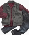 You like your little guy to wear sporty, trendy, and casual attire but he prefers a no fuss to put them on style. This 3 piece versatile set by Calvin Klein includes a field styled vest, a horizontal striped long sleeve shirt, and a pair of everyday jeans to complete the look and keep him comfortable.