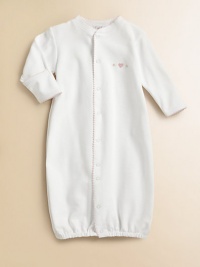 This soft cotton gown with embroidery can be converted to legs. Picot trim Front snaps Cotton; machine wash Imported