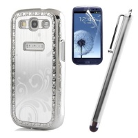 JKase(TM) Deluxe Sliver Steel Aluminum Chrome Bling Crystal Diamond Rhinestone Hard Case Skin Cover + Silver Stylus + Screen Protector for Samsung i9300 Galaxy S3 - Retail Packaging