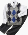 He may be in a crib but he'll look college-ready in this preppy argyle sweater vest, dress shirt and pants set by Nautica.