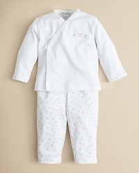 A snug wrap-front shirt and pant set wrought in super soft pima cotton and adorned with heart prints and embroidery.