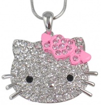 Large Kitty Face Crystal Pendant with Pretty Pink Hearts Crystal Bow on 17 Chain