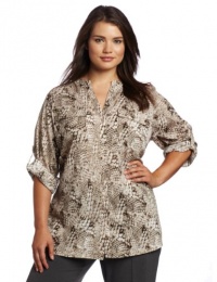 Calvin Klein Women's Plus-Size Printed Crew Roll Sleeve, Birch Combo, 1X