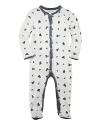 Adorable long-sleeved footed coverall in breathable cotton mesh, mercerized for a lustrous sheen.