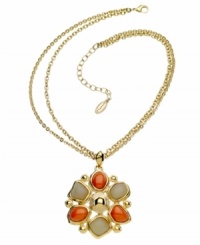 Unique, ornate and totally exotic. Inspire your style with multicultural designs by T Tahari. This intricate pendant features sand and coral resin beads in an intricate floral pattern. Setting and double chain crafted from gold tone mixed metal. Base metal is nickel free for sensitive skin. Approximate length: 18 inches + 3-inch extender. Approximate drop: 3-3/4 inches.