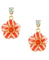 You're never too young for a growth spurt! Betsey Johnson's chic crimson flower earrings feature a red and white enamel striped design accented by a red crystal center. Set in antique gold-plated mixed metal with a round-cut crystal post. Approximate drop: 1-3/8 inches.