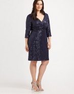 A stylishly sequin, jersey design with waist-flattering gathered details for an enviable look.V-neckThree-quarter sleevesAllover sequinsGathered waistBack zipperFully linedAbout 24 from natural waist94% polyester/6% spandexDry cleanImported