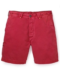 These sporty, ultra-hip shorts are the ultimate in casual cool, with fun details like decorative buttons on the waistband and a pocket on the lower right leg.