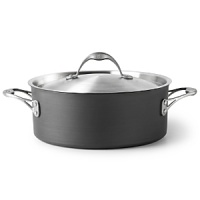 Calphalon Dutch oven. This pot is perfect for slow simmering soups, steaming a shellfish feast or for baking a hearty casserole. Crafted in hard anodized aluminum to guarantee superior heat conductivity. A nonstick interior provides low-fat cooking and quick clean ups. Full capacity indicator line prevents messy spills. Riveted handles. Domed tempered glass cover for easy monitoring.