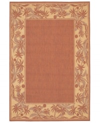 Create your own island retreat with this terra-cotta area rug, bordered in calming images of sand and palm trees. Great for patios, decks or vacation homes, the Recife rug can go almost anywhere! Power-loomed of Couristan's durable polypropylene blend, this soft piece is pet-friendly and resistant to mold and mildew.