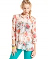 Take note: sheer button-downs are still the hottest blouses around! Get your fill with this floral-print, three-quarter sleeve style from Fire -- a super pretty pick that's full of charm.