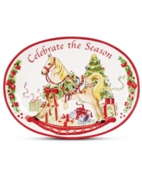 Something for under the tree and topping your table, the Celebrate the Season tray from Fitz and Floyd features an elegant scene beside the tree and sculpted red trim.