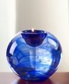 Shaped like a full moon, this gorgeous votive candle holder has layers of colors that reflect the candlelight for a truly magical look.