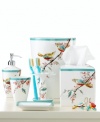 Featuring the blossoming branches and water-colored birds of the whimsical dinnerware pattern, the Chirp wastebasket from Lenox Simply Fine brings the beauty of the outdoors right inside your bath.