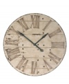 Hit the big time. At three feet wide, the Harrington clock makes a bold impact with its antiqued wooden face and gently distressed edge. Hours, minutes and seconds pass with rustic metal hands.